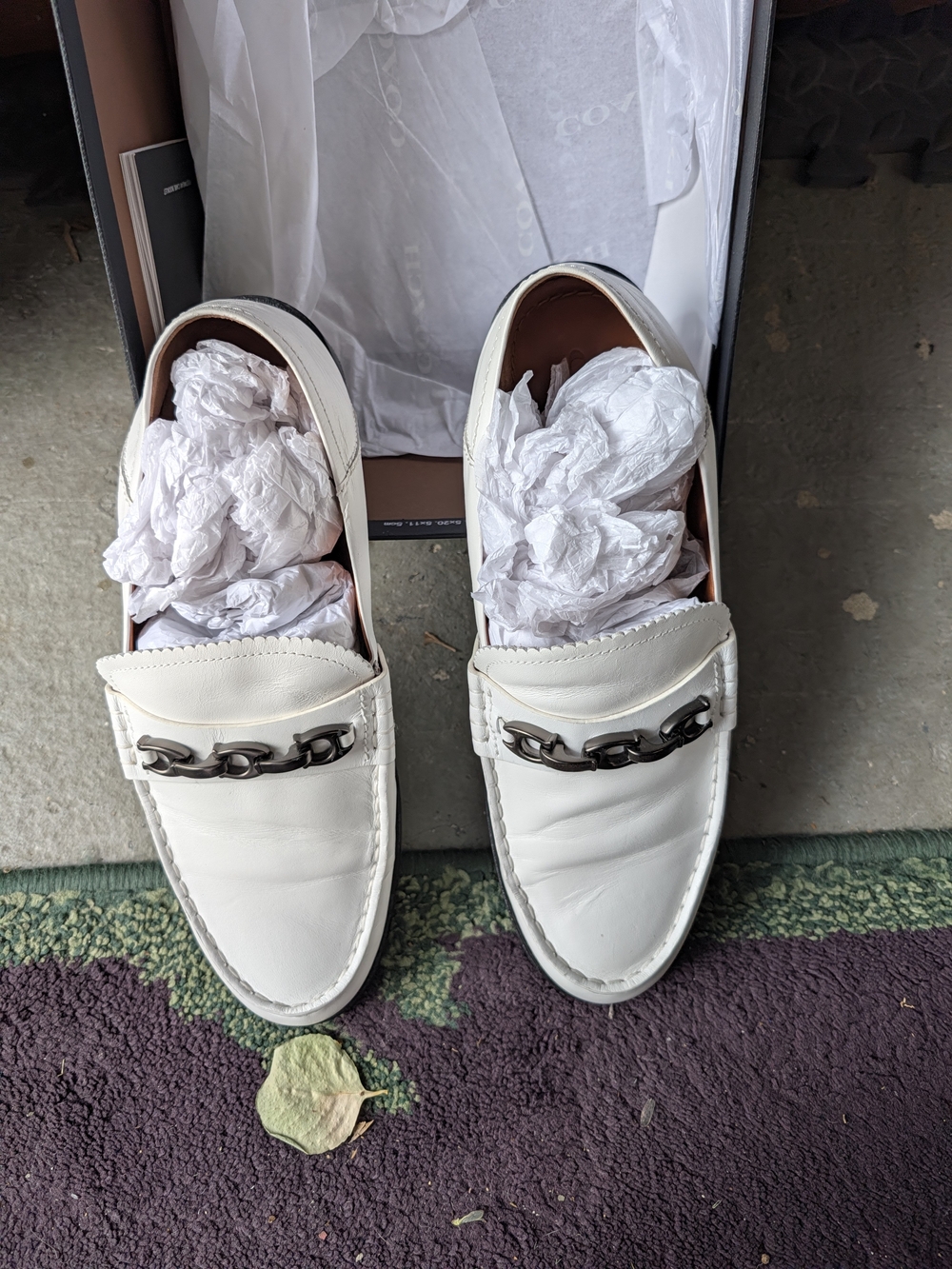 Coach Women's White Leather Chain-Trim Loafers